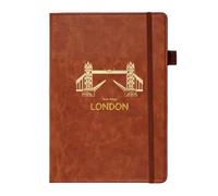 Premium A5 Thermo PU Leather Journal Notebook, London Souvenir Skyline Brown Notebooks, 192 Pages, Pen Loop, Rear Pocket & Bookmark, London Eye, Big Ben & Tower Bridge Travel Notebook, Brown