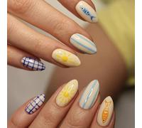 Premium ABS Synthetic Nails Set with Sea Salt Theme Blue Yellow Fish Pattern 3D Art Press Nails 30Pieces Quick Apply Artificial