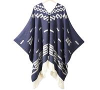 Premium Alpaca Wool Poncho, Western Cowboy Pullover Ethnic Style, Soft Warm Durable Unisex Cape Costume Sweater Cloak(Navy blue)