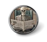 Premium Aluminum Alloy Round Badge, Skeleton Reading Newspaper Brooch Gifts Accessories Lightweight Metal Emblem for Men Women, Durable & Fashionable Lapel Pin for Hat, Jacket, Backpack