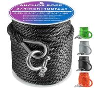 Premium Anchor Rope 100 ft x 3/4 inch, Solid Braid MFP Anchor Line Boat Rope with Thimble & Shackle - Black
