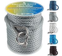 Premium Anchor Rope 100 ft x 3/8 inch, Solid Braid MFP Anchor Line Boat Rope with Thimble & Shackle - Grey