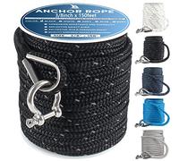 Premium Anchor Rope 150 ft x 3/8 inch, Double Braided Nylon Anchor Line Boat Rope Marine Rope, Boat Anchor Rope with Thimble & Shackle & Reflective Strip - Braided Anchor Rope Black