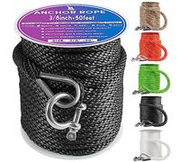 Premium Anchor Rope 50 ft x 3/8 inch, Solid Braid MFP Anchor Line Boat Rope with Thimble & Shackle - Black