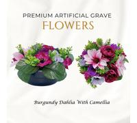 Premium Artificial Grave Flowers - 24Cm Burgundy Dahlia With Camellia Weighted Pot