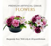 Premium Artificial Grave Flowers - 24Cm Burgundy Rose With Lily & Chrysanthemum Weighted Pot