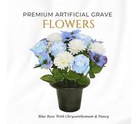 Premium Artificial Grave Flowers - 25Cm Blue Rose With Chrysanthemum & Pansy Memorial Vase Pot