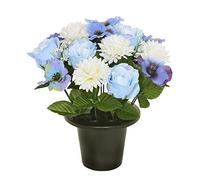 Premium Artificial Grave Flowers - 25cm Blue Rose With Chrysanthemum & Pansy | Memorial Vase Pot