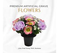 Premium Artificial Grave Flowers - 25Cm Lilac Pink Peony With Anemone Memorial Vase Pot