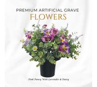 Premium Artificial Grave Flowers - 25Cm Pink Pansy With Lavender & Daisy Memorial Vase Pot