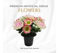 Premium Artificial Grave Flowers - 25Cm Pink Peony With Anemone Memorial Vase Pot