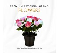 Premium Artificial Grave Flowers - 25Cm Pink Rosebud With Gypsophila Memorial Vase Pot