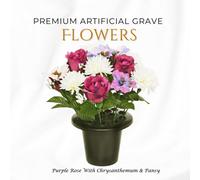 Premium Artificial Grave Flowers - 25Cm Purple Rose With Chrysanthemum & Pansy Memorial Vase Pot