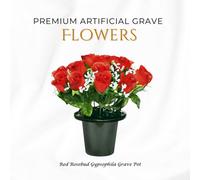 Premium Artificial Grave Flowers - 25Cm Red Rosebud With Gypsophila Memorial Vase Pot