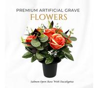 Premium Artificial Grave Flowers - 25Cm Salmon Open Rose With Eucalyptus Memorial Vase Pot