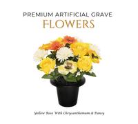 Premium Artificial Grave Flowers - 25Cm Yellow Rose With Chrysanthemum & Pansy Memorial Vase Pot
