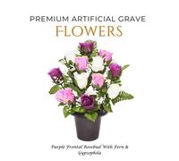 Premium Artificial Grave Flowers - 29Cm Purple Frontal Rosebud With Fern & Gypsophila Memorial Vase Pot