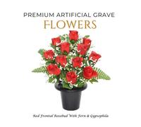 Premium Artificial Grave Flowers - 29Cm Red Frontal Rosebud With Fern & Gypsophila Memorial Vase Pot