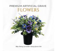 Premium Artificial Grave Flowers - Blue Pansies With Lavender & Daisies (25Cm) Memorial Vase Pot