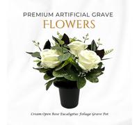 Premium Artificial Grave Flowers - Cream Open Roses With Eucalyptus (25Cm) Memorial Vase Pot