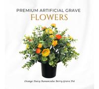 Premium Artificial Grave Flowers - Orange Daisies With Ranunculus & Berries (25Cm) Memorial Vase Pot