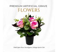 Premium Artificial Grave Flowers - Pink Open Roses With Eucalyptus (25Cm) Memorial Vase Pot
