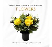 Premium Artificial Grave Flowers - Yellow Open Roses With Eucalyptus (25Cm) Memorial Vase Pot