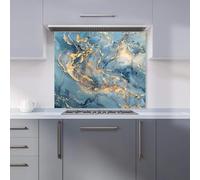 Premium Azure And Gold Marble Effect Kitchen Splashback 6mm Toughened Glass Kitchen Splashback - Heat Resistant Splashback for Kitchens, Perfect for Cookers and Hobs, Polished Edges