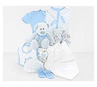 Premium Baby Boy Gift Set - Comfort Blanket and Clothing Gift Set in Blue with 5-Piece Outfit, Plush Teddy Bear, Elephant Blanket - Baby Boy Hamper for Newborn and New Parents, from Regency Hampers