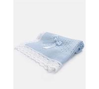 Premium Baby Shawl - Soft Breathable Knit Blanket with Lace Trim and Satin Bow - Blue/Pink/White/Ivory - Newborn to 6 Months (Blue)