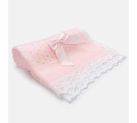 Premium Baby Shawl - Soft Breathable Knit Blanket with Lace Trim and Satin Bow - Blue/Pink/White/Ivory - Newborn to 6 Months (Pink)