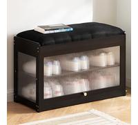 Premium Bamboo Shoe Rack with High-Density Foam Seat Cushion, Flip-Top Storage Cabinet, Stylish Long-Wave Glass Design, Perfect for nizing Footwear and Entryway Décor.