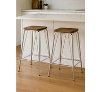 Premium Bar Stool Set of 2 - Natural Elm Wood Square Seat with Chrome Alloy Legs