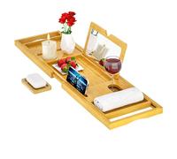 Premium Bathtub Tray Caddy with Makeup Mirror Bamboo - Bath Tray Expandable- Unique House Warming Gifts, New Home, Anniversary & Wedding Gifts for Couple, Bridal Shower Gift for Women