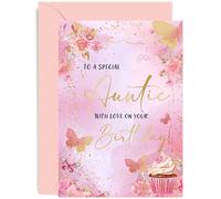 Premium Birthday Cards for Auntie - Pink Cupcake Butterfly Birthday Card for Her - Stylish Birthday Gifts for Women - Auntie Birthday - Adult Birthday Cards for Family | Blank Inside