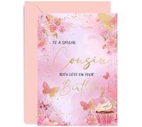 Premium Birthday Cards for Cousin - Pink Cupcake Butterfly Birthday Card for Her - Stylish Birthday Gifts for Women - Cousin Birthday - Adult Birthday Cards for Family | Blank Inside