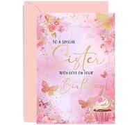 Premium Birthday Cards for Sister - Pink Cupcake Butterfly Birthday Card for Her - Stylish Birthday Gifts for Women - Sister Birthday - Adult or Child Birthday Cards for Family | Blank Inside