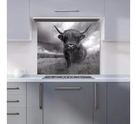 Premium Black And White Highland Cow Kitchen Splashback 6mm Toughened Glass Kitchen Splashback - Heat Resistant Splashback for Kitchens, Perfect for Cookers and Hobs, Polished Edges