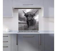 Premium Black And White Highland Cow Kitchen Splashback 6mm Toughened Glass Kitchen Splashback - Heat Resistant Splashback for Kitchens, Perfect for Cookers and Hobs, Polished Edges