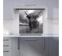 Black And White Highland Cow Kitchen Splashback Warren Reed - Designer Grey 600mm x 600mm