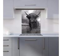 Black And White Highland Cow Kitchen Splashback Warren Reed - Designer Grey 600mm x 750mm