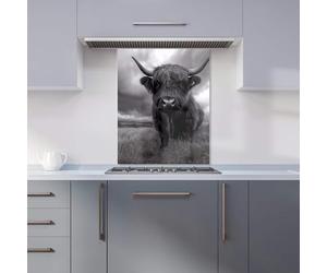 Premium Black And White Highland Cow Kitchen Splashback 6mm Toughened Glass Kitchen Splashback - Heat Resistant Splashback for Kitchens, Perfect for Cookers and Hobs, Polished Edges