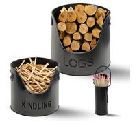 Premium Black Metal Log Holder, Kindling & Matchstick Holder Set - Stylish Fireside Accessories for Home Fireplace & Wood Burner - Indoor Firewood Storage & Fire Equipment Organizer