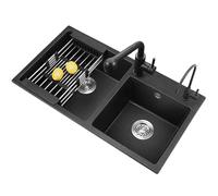 Premium Black Quartz Double Bowl Kitchen Sink with Pull-Out Faucet & Drain Set - Versatile Top/Undermount Design for Restaurants, Bars, Homes - 750x410mm & 800x450mm
