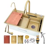 Premium Black Stainless Steel Waterfall Kitchen, Spacious Single Bowl with Pull-Out Faucet, Glass Washer, Drain Basket and Drainage kit Nano Coating, Easy to Clean(Gold#a,80x50cm)