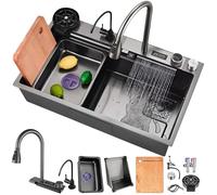 Premium Black Stainless Steel Waterfall Kitchen, Spacious Single Bowl with Pull-Out Faucet, Glass Washer, Drain Basket and Drainage kit Nano Coating, Easy to Clean(Black#a,80x45cm)
