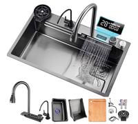 Premium Black Stainless Steel Waterfall Kitchen, Spacious Single Bowl with Pull-Out Faucet, Glass Washer, Drain Basket and Drainage kit Nano Coating, Easy to Clean(Black#a,80x50cm)