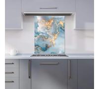 Premium Blue And Gold Marble Effect Kitchen Splashback 6mm Toughened Glass Kitchen Splashback - Heat Resistant Splashback for Kitchens, Perfect for Cookers and Hobs, Polished Edges