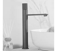 Premium Brass Basin Faucet - Deck Mounted Hot & Cold Mixer Sink Tap with Waterfall Spout for Bathroom, Single Handle Design, Modern Gray Finish (A-High)