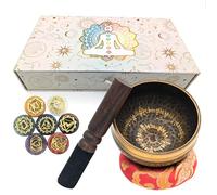 Premium Brass Tibetan Singing Bowl with Wooden Handle and 7 Chakra Stones for Meditation, Mindfulness, Yoga, Gift Box (Large)